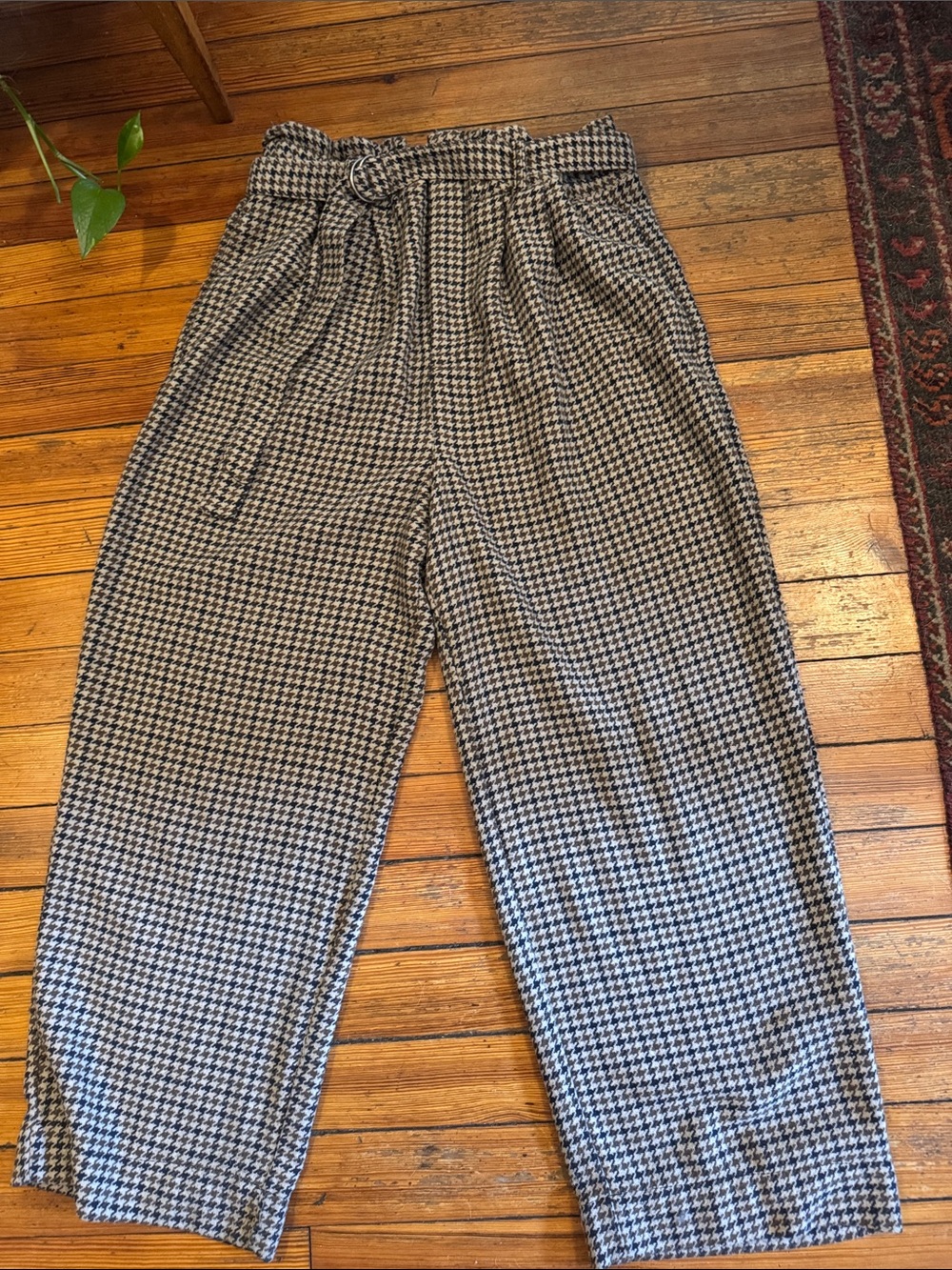 Free People Black and White Houndstooth Paperbag Waist Trousers